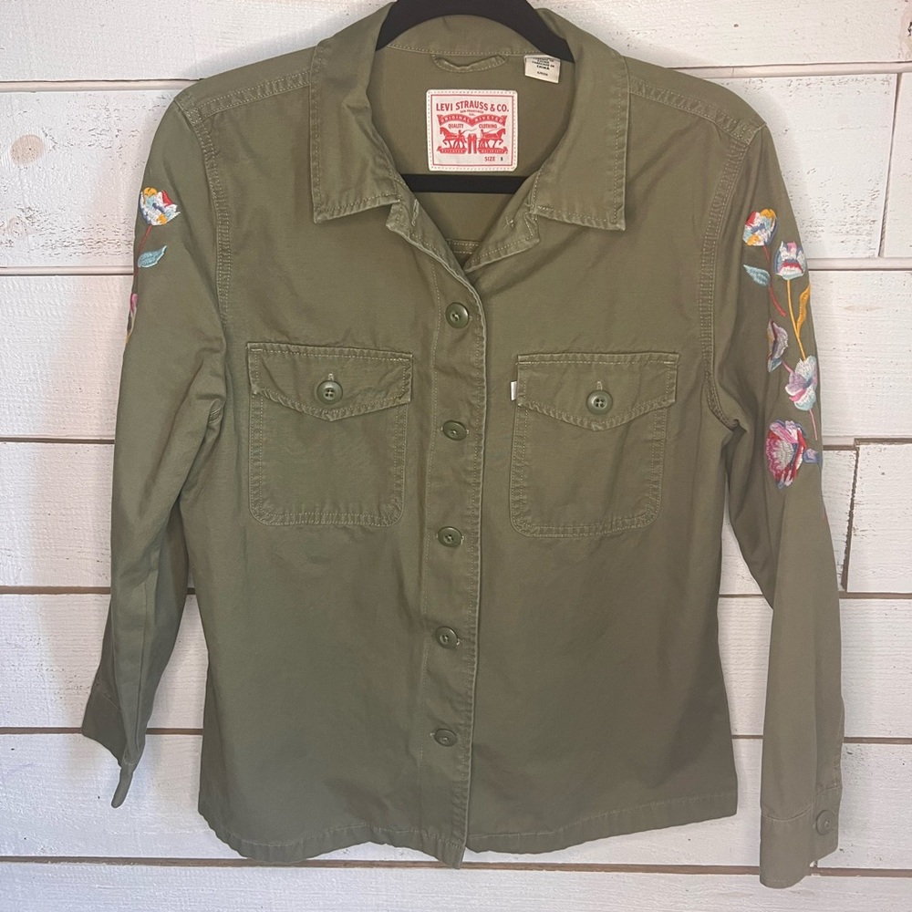 Levi’s Embroidered Floral Button Down Shirt Jacket Olive Green Size S